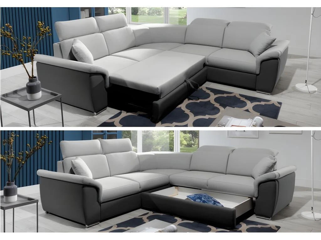 Canapé D'angle - Convertible - FELIPE - En Tissu Bleu Et Simili Cuir Blanc, 5/6 Places 3 Canapé D'angle - Convertible - FELIPE - En Tissu Bleu Et Simili Cuir Blanc, 5/6 Places – Image 3