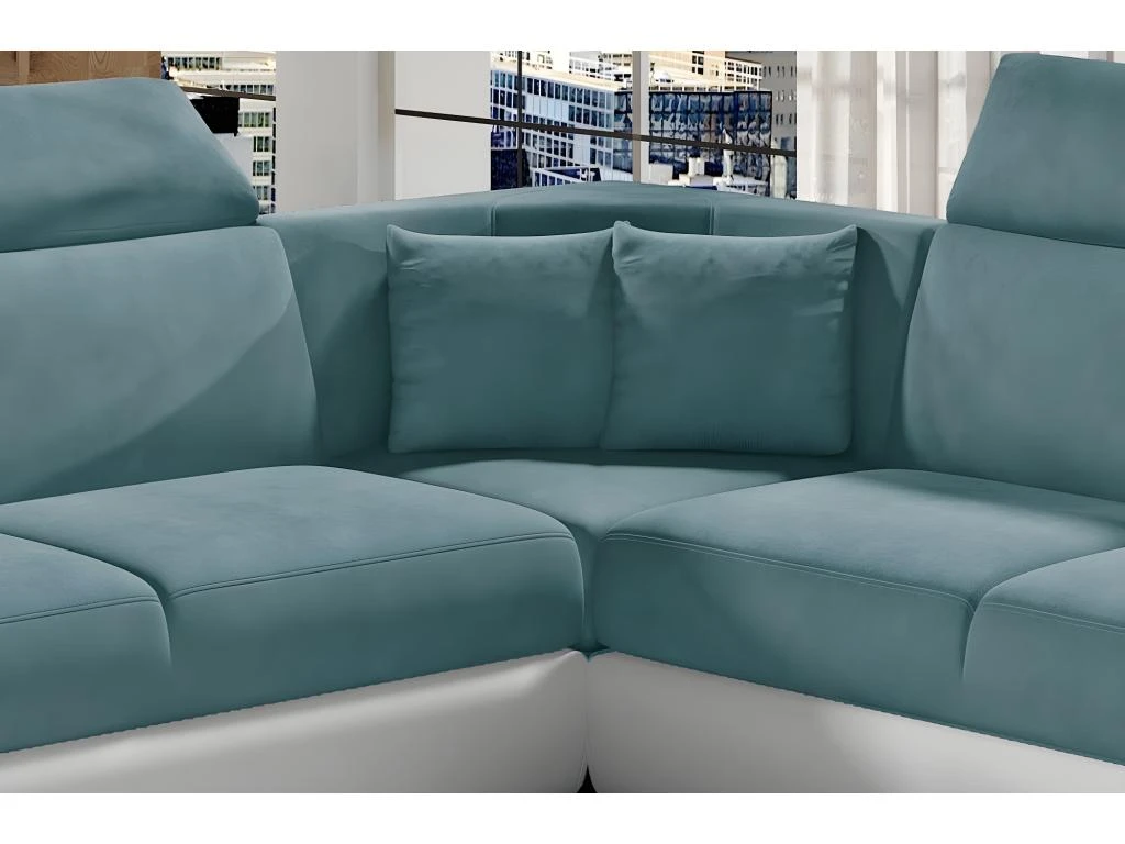 Canapé D'angle - Convertible - FELIPE - En Tissu Bleu Et Simili Cuir Blanc, 5/6 Places 4 Canapé D'angle - Convertible - FELIPE - En Tissu Bleu Et Simili Cuir Blanc, 5/6 Places – Image 4