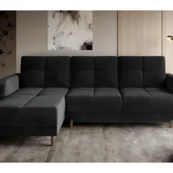 Canapé D'angle Convertible En Tissu Velours Luxe, Rangement - Noir, Angle Gauche (vu De Face), ROXANE VELOURS