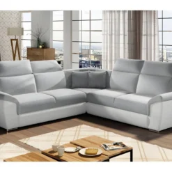 Canapé D'angle - Convertible - FELIPE - En Tissu Gris Clair Et Simili Cuir Blanc, 5/6 Places