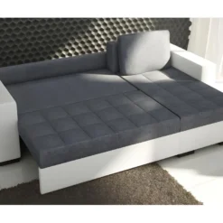 Canapé D'angle Convertible En Tissu Luxe Marron Et Simili Cuir Beige, 5 Places, Avec Coffre, Angle Droit (vu De Face), NESTOR -Promos Chesteris Boutique canape 9995403