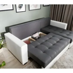 Canapé D'angle Convertible En Tissu Luxe Marron Et Simili Cuir Beige, 5 Places, Avec Coffre, Angle Droit (vu De Face), NESTOR -Promos Chesteris Boutique canape 9995405