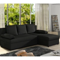 Canapé D'angle Convertible - GILO - En Tissu Luxe 3/4 Places, Noir, Angle Droit (vu De Face)