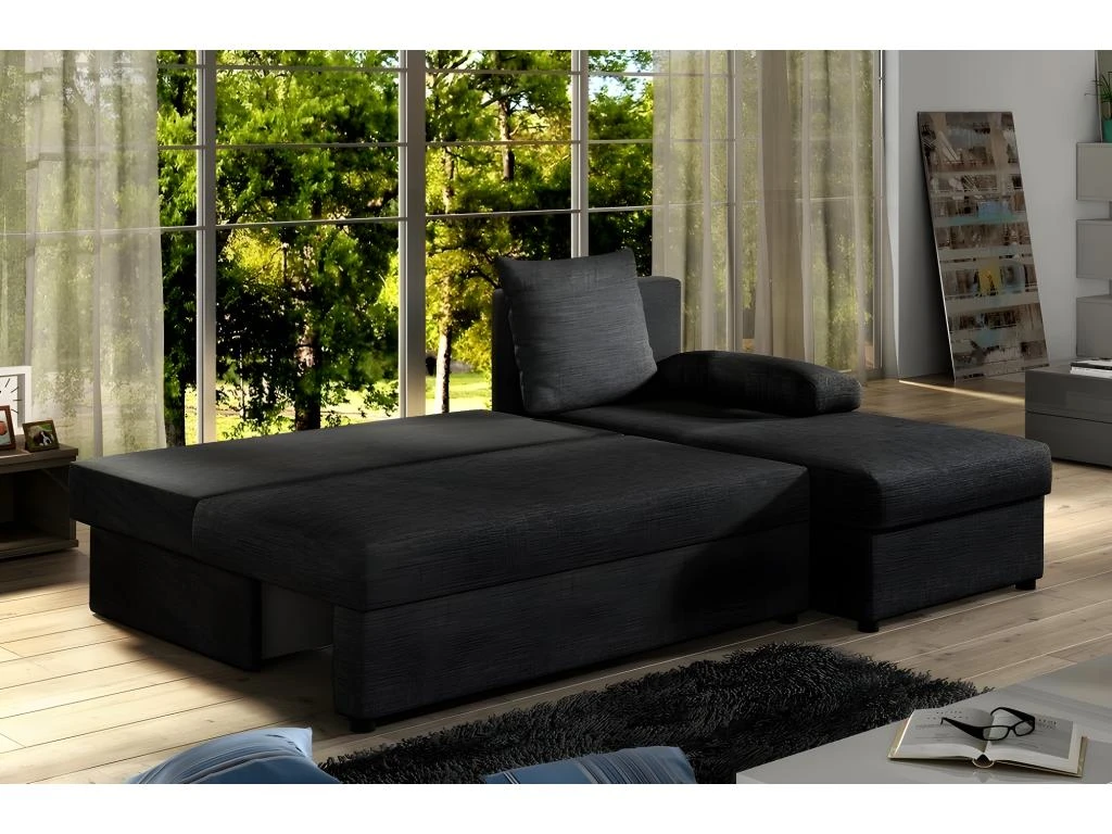 Canapé D'angle Convertible - GILO - En Tissu Luxe 3/4 Places, Noir, Angle Droit (vu De Face) 2 Canapé D'angle Convertible - GILO - En Tissu Luxe 3/4 Places, Noir, Angle Droit (vu De Face) – Image 2