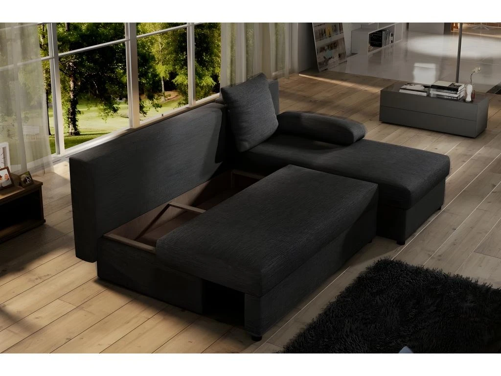 Canapé D'angle Convertible - GILO - En Tissu Luxe 3/4 Places, Noir, Angle Droit (vu De Face) 3 Canapé D'angle Convertible - GILO - En Tissu Luxe 3/4 Places, Noir, Angle Droit (vu De Face) – Image 3