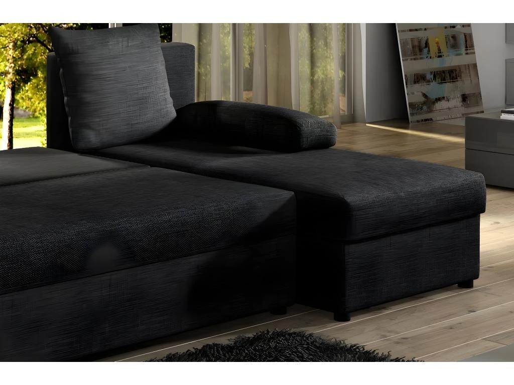 Canapé D'angle Convertible - GILO - En Tissu Luxe 3/4 Places, Noir, Angle Droit (vu De Face) 4 Canapé D'angle Convertible - GILO - En Tissu Luxe 3/4 Places, Noir, Angle Droit (vu De Face) – Image 4