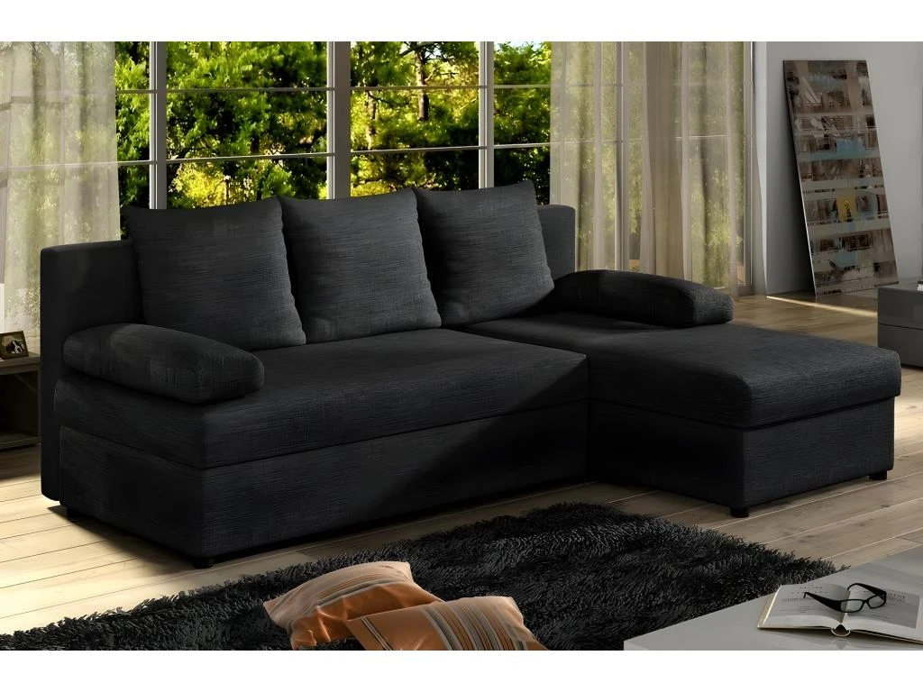 Canapé D'angle Convertible - GILO - En Tissu Luxe 3/4 Places, Noir, Angle Droit (vu De Face) 5 Canapé D'angle Convertible - GILO - En Tissu Luxe 3/4 Places, Noir, Angle Droit (vu De Face) – Image 5