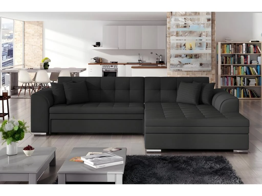 Canapé D'angle Convertible, SOHO, En Tissu De Qualité, Noir, 5/6 Places, Angle Droit (vu De Face) 2 Canapé D'angle Convertible, SOHO, En Tissu De Qualité, Noir, 5/6 Places, Angle Droit (vu De Face) – Image 2