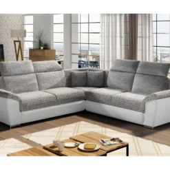 Canapé D'angle - Convertible - FELIPE - En Tissu Beige Et Simili Cuir Blanc, 5/6 Places