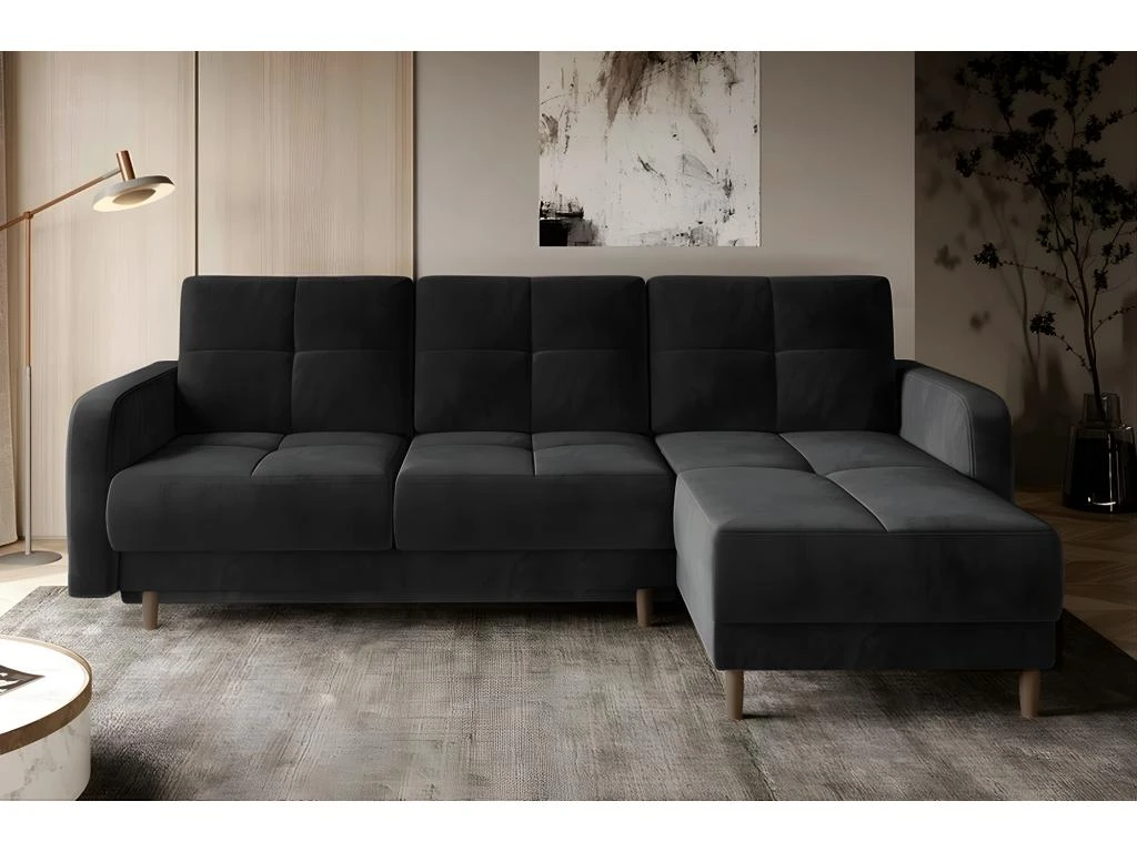 Canapé D'angle Convertible En Tissu Velours Luxe, Rangement - Noir, Angle Droit(vu De Face), ROXANE VELOURS 1 Canapé D'angle Convertible En Tissu Velours Luxe, Rangement - Noir, Angle Droit(vu De Face), ROXANE VELOURS