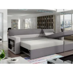 Canapé D'angle Convertible En Tissu Luxe Noir Et Simili Cuir Blanc Cassé, 5 Places, Avec Coffre, Angle Droit (vu De Face) - RICCI -Promos Chesteris Boutique canape 9995755