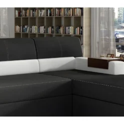 Canapé D'angle Convertible En Tissu Luxe Noir Et Simili Cuir Blanc Cassé, 5 Places, Avec Coffre, Angle Droit (vu De Face) - RICCI -Promos Chesteris Boutique canape 9995757