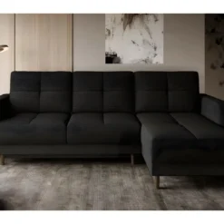 Canapé D'angle Convertible En Tissu Luxe, Rangement - Noir, Angle Droit (vu De Face), ROXANE