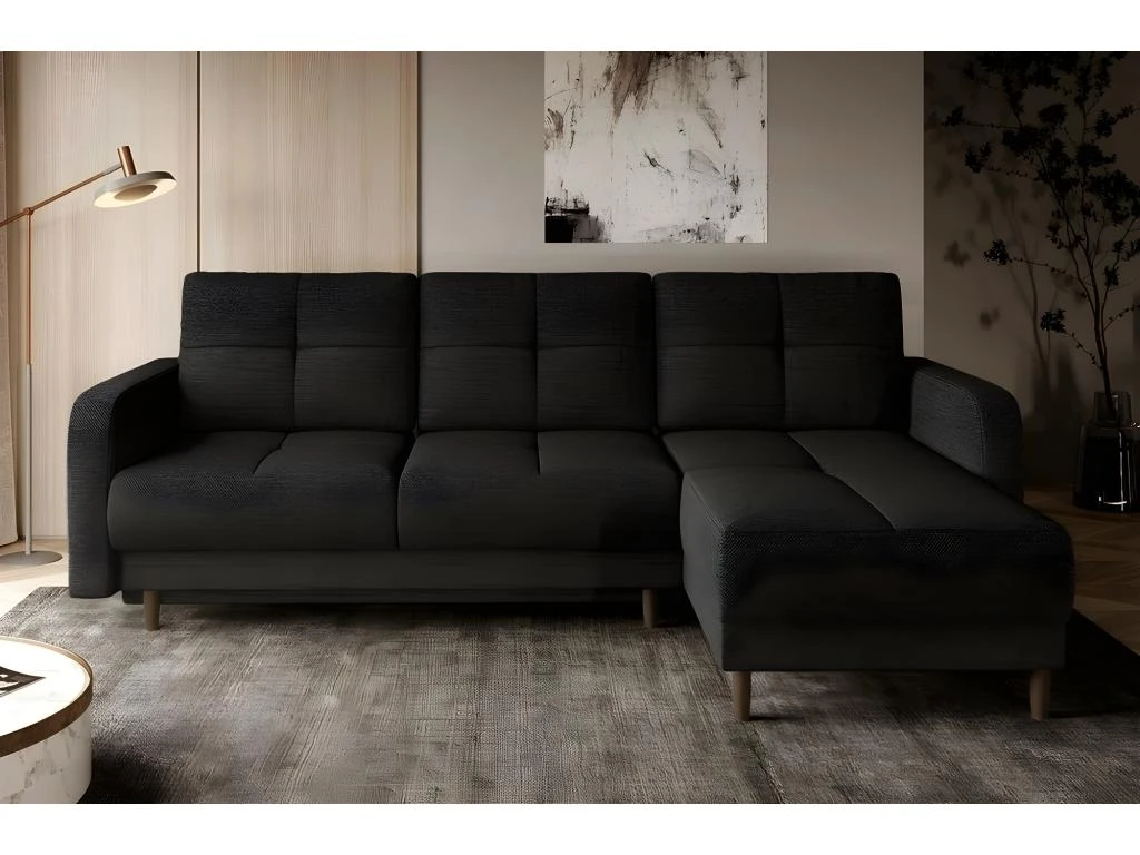 Canapé D'angle Convertible En Tissu Luxe, Rangement - Noir, Angle Droit (vu De Face), ROXANE 1 Canapé D'angle Convertible En Tissu Luxe, Rangement - Noir, Angle Droit (vu De Face), ROXANE