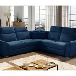 Canapé D'angle Convertible - FELIPE VELOURS - En Tissu Luxe Bleu, 5/6 Places