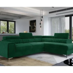 Canapé D'angle Convertible - LARRY VELOURS - En Tissu Luxe Vert, 5 Places, Angle Droit (vu De Face)