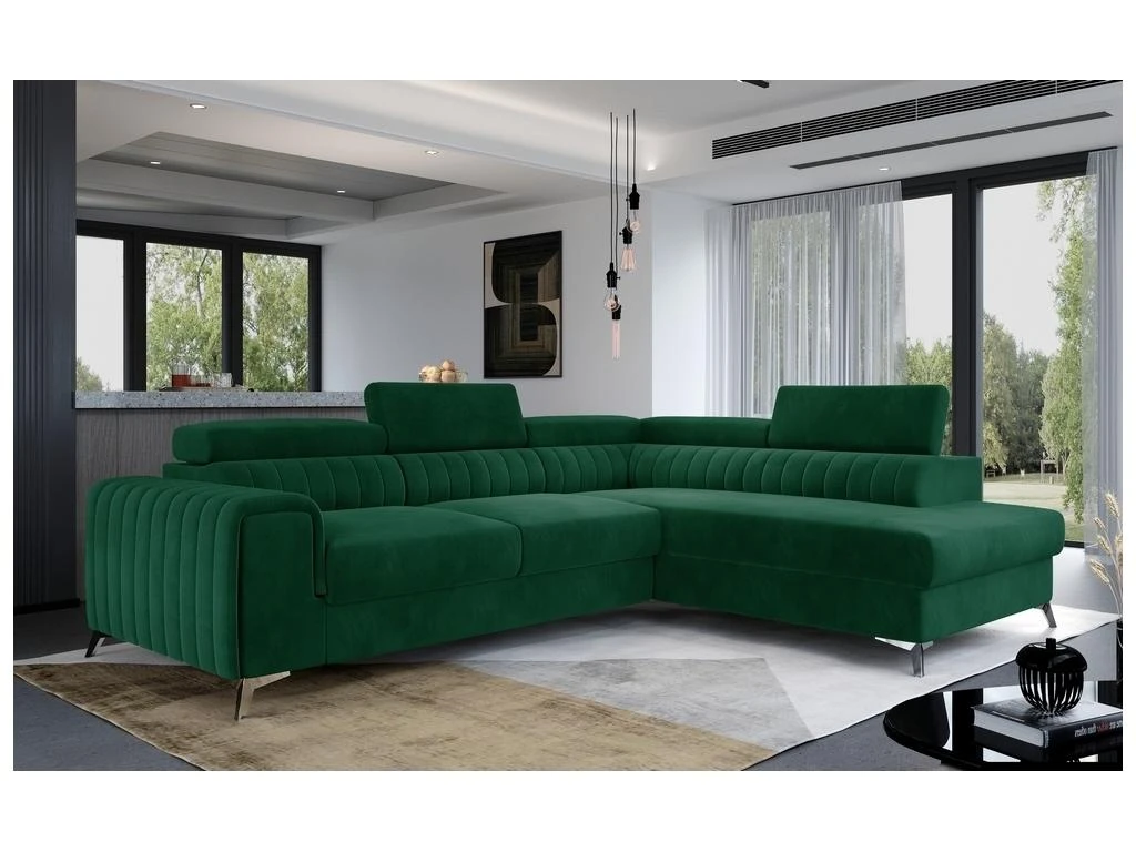 Canapé D'angle Convertible - LARRY VELOURS - En Tissu Luxe Vert, 5 Places, Angle Droit (vu De Face) 1 Canapé D'angle Convertible - LARRY VELOURS - En Tissu Luxe Vert, 5 Places, Angle Droit (vu De Face)