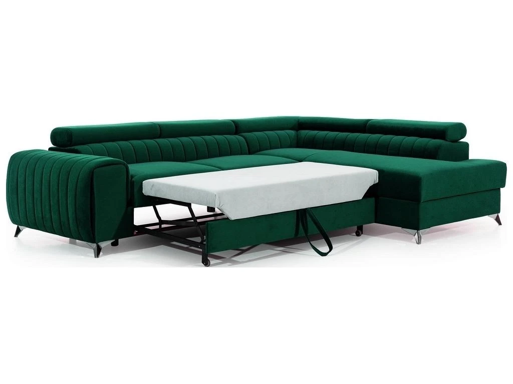 Canapé D'angle Convertible - LARRY VELOURS - En Tissu Luxe Vert, 5 Places, Angle Droit (vu De Face) 3 Canapé D'angle Convertible - LARRY VELOURS - En Tissu Luxe Vert, 5 Places, Angle Droit (vu De Face) – Image 3
