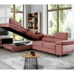 -Canapé D'angle Convertible En Tissu Luxe 5 Places, Avec Coffre, Rose Pale, Angle Gauche (vu De Face), ANNECY VELOURS -Promos Chesteris Boutique canape 9995951