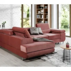 -Canapé D'angle Convertible En Tissu Luxe 5 Places, Avec Coffre, Rose Pale, Angle Gauche (vu De Face), ANNECY VELOURS -Promos Chesteris Boutique canape 9995953