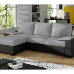 Canapé D'angle Convertible - En Tissu Gris Et Simili Noir, Angle Gauche (vu De Face) - LUCAS