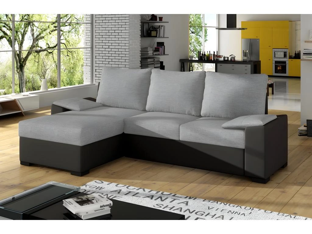 Canapé D'angle Convertible - En Tissu Gris Et Simili Noir, Angle Gauche (vu De Face) - LUCAS 1 Canapé D'angle Convertible - En Tissu Gris Et Simili Noir, Angle Gauche (vu De Face) - LUCAS