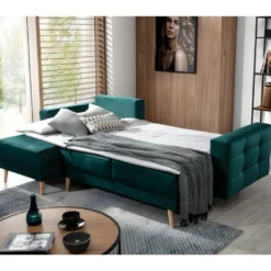 Canapé D'angle Convertible - ASSIA VELOURS - En Tissu De Qualité 5 Places, Vert, Angle Gauche (vu De Face) -Promos Chesteris Boutique canape 9996083