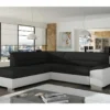Canapé D'angle Convertible En Tissu Luxe Noir Et Simili Cuir Blanc Cassé, 5 Places, Avec Coffre, Angle Gauche (vu De Face), VERTU MIX