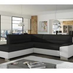 Canapé D'angle Convertible En Tissu Luxe Noir Et Simili Cuir Blanc Cassé, 5 Places, Avec Coffre, Angle Gauche (vu De Face), VERTU MIX