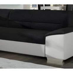 Canapé D'angle Convertible En Tissu Luxe Noir Et Simili Cuir Blanc Cassé, 5 Places, Avec Coffre, Angle Gauche (vu De Face), VERTU MIX -Promos Chesteris Boutique canape 9996149