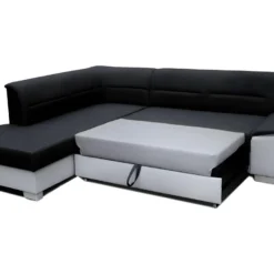 Canapé D'angle Convertible En Tissu Luxe Noir Et Simili Cuir Blanc Cassé, 5 Places, Avec Coffre, Angle Gauche (vu De Face), VERTU MIX -Promos Chesteris Boutique canape 9996151