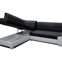 Canapé D'angle Convertible En Tissu Luxe Noir Et Simili Cuir Blanc Cassé, 5 Places, Avec Coffre, Angle Gauche (vu De Face), VERTU MIX -Promos Chesteris Boutique canape 9996153