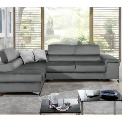 Canapé D'angle Convertible - ERWAN - En Tissu Luxe 5 Places, Gris, Angle Gauche (vu De Face)