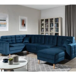 Canapé Panoramique Convertible - ASMA VELOURS - En Tissu De Qualité 5 Places, Bleu Foncé, Méridienne à Droite Et Angle à Gauche (vu De Face)