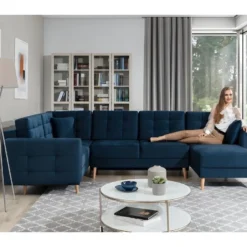 Canapé Panoramique Convertible - ASMA VELOURS - En Tissu De Qualité 5 Places, Bleu Foncé, Méridienne à Droite Et Angle à Gauche (vu De Face) -Promos Chesteris Boutique canape 9996317