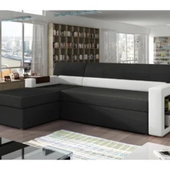 Canapé D'angle Convertible En Tissu Luxe Noir Et Simili Cuir Blanc Cassé, 5 Places, Avec Coffre, Angle Gauche (vu De Face) - RICCI