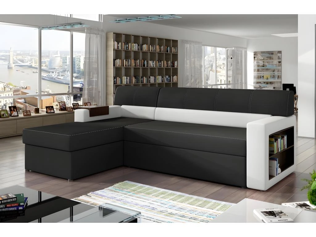 Canapé D'angle Convertible En Tissu Luxe Noir Et Simili Cuir Blanc Cassé, 5 Places, Avec Coffre, Angle Gauche (vu De Face) - RICCI 1 Canapé D'angle Convertible En Tissu Luxe Noir Et Simili Cuir Blanc Cassé, 5 Places, Avec Coffre, Angle Gauche (vu De Face) - RICCI