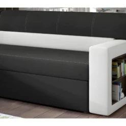 Canapé D'angle Convertible En Tissu Luxe Noir Et Simili Cuir Blanc Cassé, 5 Places, Avec Coffre, Angle Gauche (vu De Face) - RICCI 7 Canapé D'angle Convertible En Tissu Luxe Noir Et Simili Cuir Blanc Cassé, 5 Places, Avec Coffre, Angle Gauche (vu De Face) - RICCI -Promos Chesteris Boutique canape 9996487