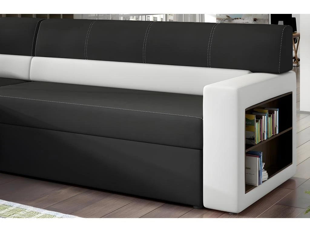 Canapé D'angle Convertible En Tissu Luxe Noir Et Simili Cuir Blanc Cassé, 5 Places, Avec Coffre, Angle Gauche (vu De Face) - RICCI 3 Canapé D'angle Convertible En Tissu Luxe Noir Et Simili Cuir Blanc Cassé, 5 Places, Avec Coffre, Angle Gauche (vu De Face) - RICCI – Image 3
