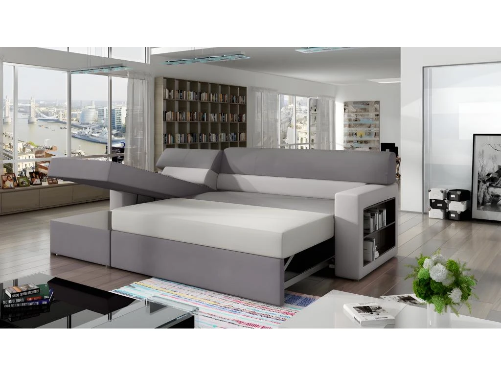 Canapé D'angle Convertible En Tissu Luxe Noir Et Simili Cuir Blanc Cassé, 5 Places, Avec Coffre, Angle Gauche (vu De Face) - RICCI 4 Canapé D'angle Convertible En Tissu Luxe Noir Et Simili Cuir Blanc Cassé, 5 Places, Avec Coffre, Angle Gauche (vu De Face) - RICCI – Image 4