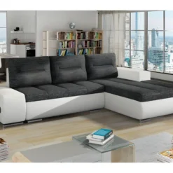 Canapé D'angle Convertible En Tissu Luxe Gris Foncé Et Simili Cuir Blanc, 5 Places, Angle Droit (vu De Face) - OTELLO