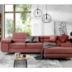 Canapé D'angle Convertible En Tissu Luxe 5 Places, ANNECY VELOURS, Couleur Rose Pale, Angle Droit (vu De Face)