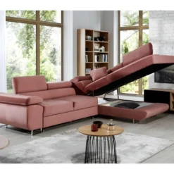 Canapé D'angle Convertible En Tissu Luxe 5 Places, ANNECY VELOURS, Couleur Rose Pale, Angle Droit (vu De Face) -Promos Chesteris Boutique canape 9996681