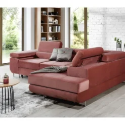 Canapé D'angle Convertible En Tissu Luxe 5 Places, ANNECY VELOURS, Couleur Rose Pale, Angle Droit (vu De Face) -Promos Chesteris Boutique canape 9996685