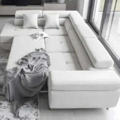 Canapé D'angle Convertible En Tissu Luxe 5 Places, Avec Coffre, Blanc, Angle Gauche (vu De Face), ANNECY VELOURS Luxe -Promos Chesteris Boutique canape 9996833