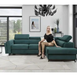 Canapé D'angle Convertible - KARL VELOURS - En Tissu Prestige, 5 Places, Vert, Angle Droit (vu De Face)