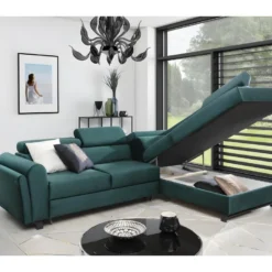 Canapé D'angle Convertible - KARL VELOURS - En Tissu Prestige, 5 Places, Vert, Angle Droit (vu De Face) -Promos Chesteris Boutique canape 9996845