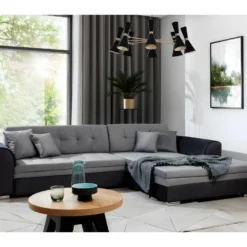 Canapé D'angle Convertible En Tissu Velours Gris Et Noir Luxe, 5 Places, Angle Droit (vu De Face), SOHO VELOURS