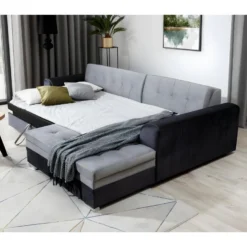 Canapé D'angle Convertible En Tissu Velours Gris Et Noir Luxe, 5 Places, Angle Droit (vu De Face), SOHO VELOURS -Promos Chesteris Boutique canape 9996859