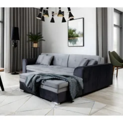 Canapé D'angle Convertible En Tissu Velours Gris Et Noir Luxe, 5 Places, Angle Droit (vu De Face), SOHO VELOURS -Promos Chesteris Boutique canape 9996861